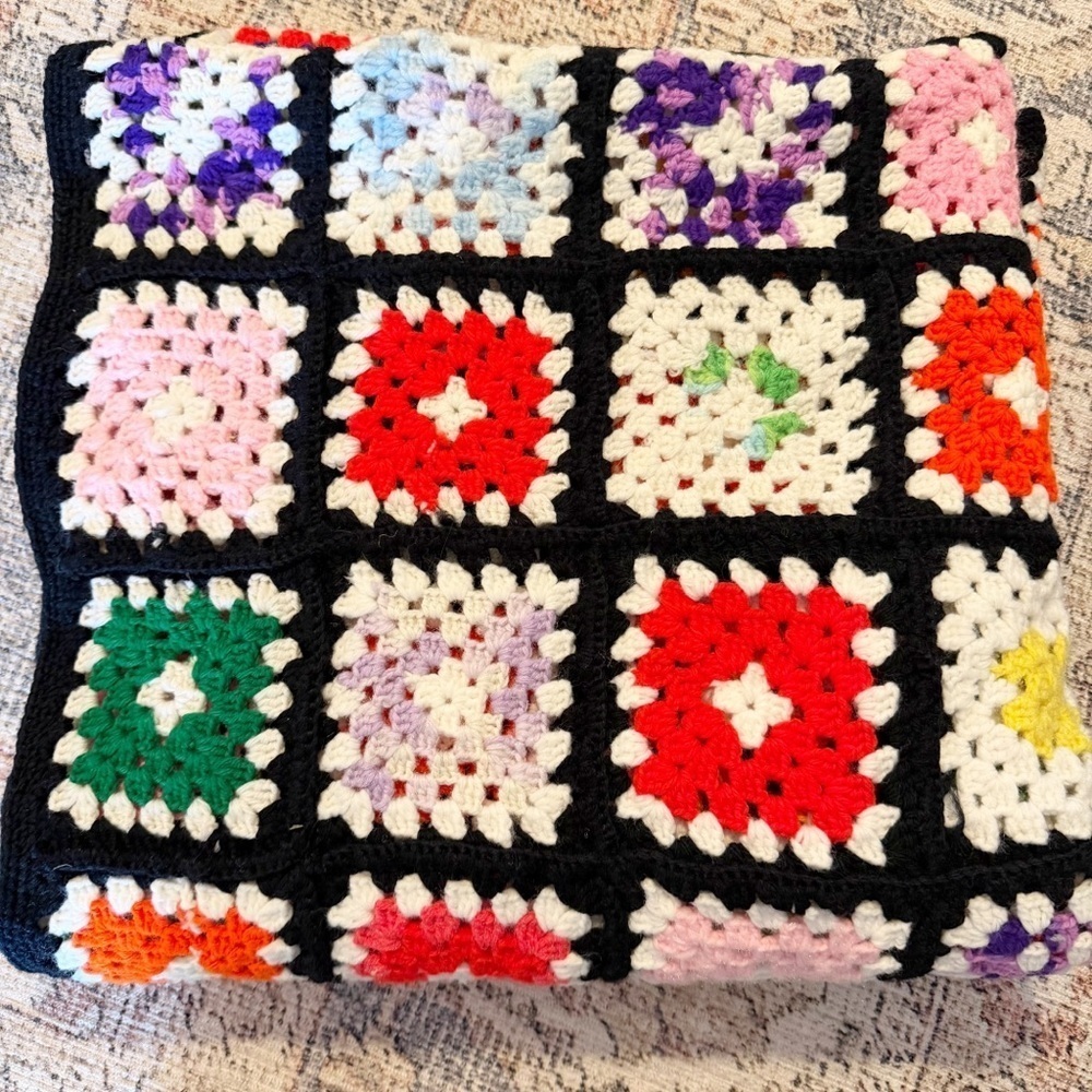 Vintage granny square knit crochet throw/lap blanket.